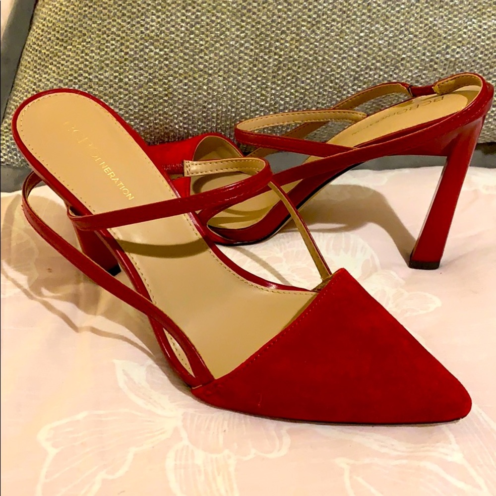 Red suede and patent pumps.